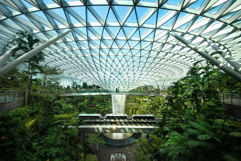 The glass dome and gardens of Jewel Changi Airport